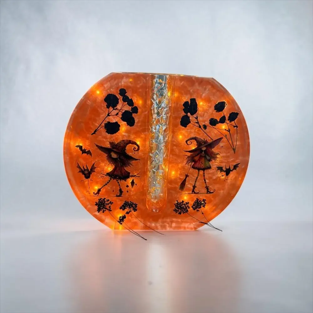 Halloween Lighted Resin Bud Vase – Witch Decor – Handmade Orange Vase